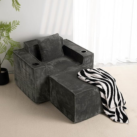 Cloud Single SofaComfy Lounge Chair with Elevated Seat Height Cup Holder &amp Side PocketNo Assembly Required Foam Couch for Small Space Bedroom Office Apartment (Grey with Ottoman)