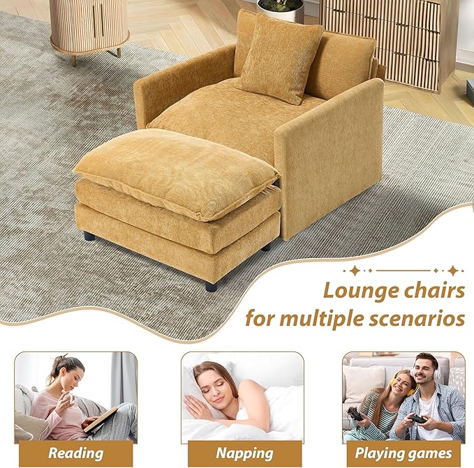 TTK Oversized Chaise Lounge Chair with Ottoman - 39.17 Wide Modern Sleeper Sofa for Living Room Bedroom &amp Office - Deep Seat Sectional Couch with Pillow Comfortable Reading Chair (Yellow 39.17