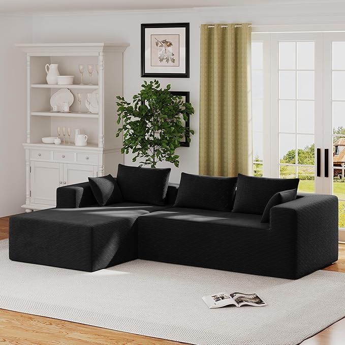 ALISH 111 Inch L-Shaped Cloud Sectional Sofa Couch Compression Couch with Chaise Modular Deep Seat Boneless Design for Easy Setup Plush Upholstered Living Room Bedroom Apartment Furniture Black