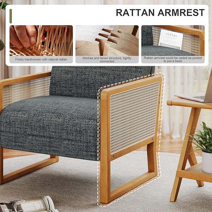 Upholstered Accent Chair Set of 2 Modern Rattan Accent Chair with Ash Wood Legs Comfy Dark Gray Armchair for Living Room