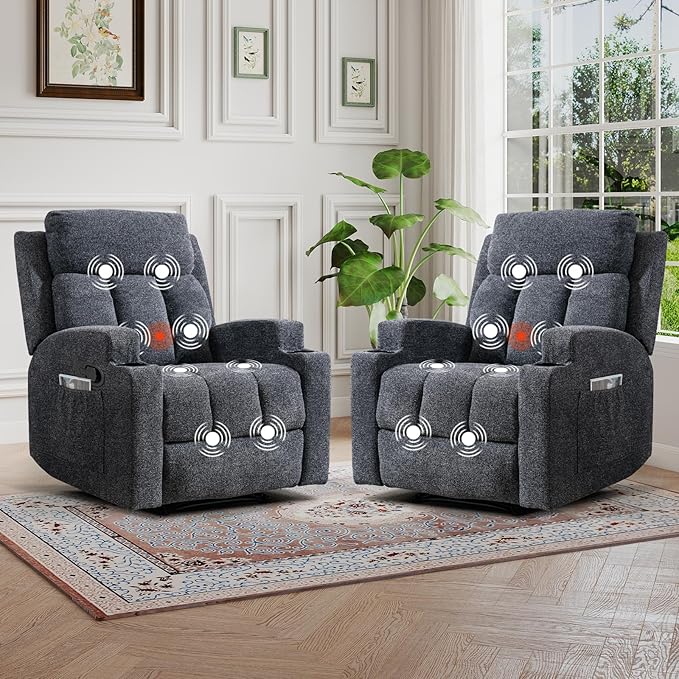2PCS Fabric Manual Recliner Chair for Adults Comfy Reclining Chairs with Overstuffed Arm and Back Single Sofa for Living Room (2 Dark Grey)