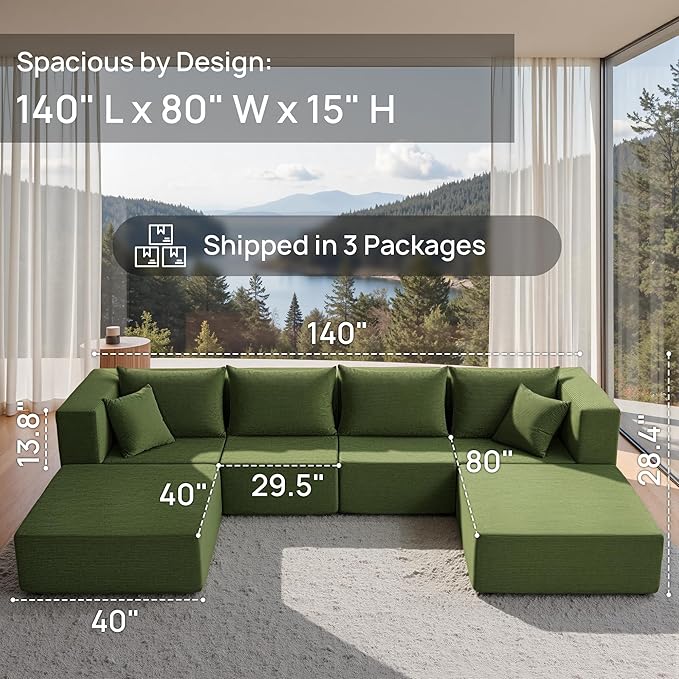 YINIX 140 Modular Sectional Sofa Couches Corduroy Sleeper Deep Seat Sofa Bed Comfy Cloud Couch for Living Room Floor Sofa 6 Piece Free Combination Compression No Assembly Required Green