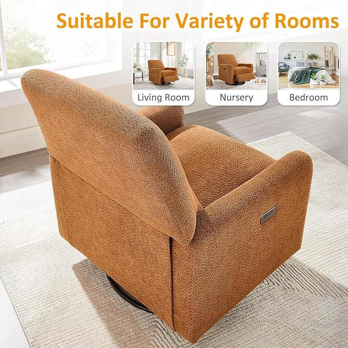 VANOMi Power Swivel Glider Recliner Chair Electric Nursery Rocker Recliner Chair USB &amp Type-C Charger Boucle Curry
