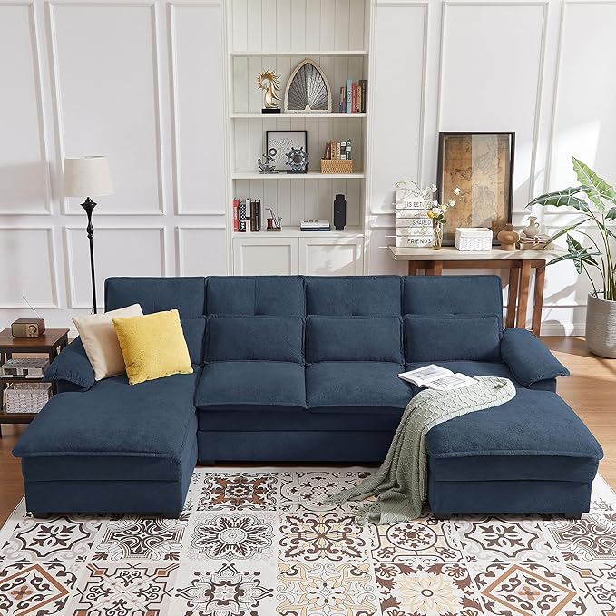 110 Comfy Cloud Couch Sectional Sofa with Lumbar Pillows Modern U-Shaped Cloud Sofa with Double Chaise &amp Deep Seat for Living Room or Office Easy Assembly Dark Blue