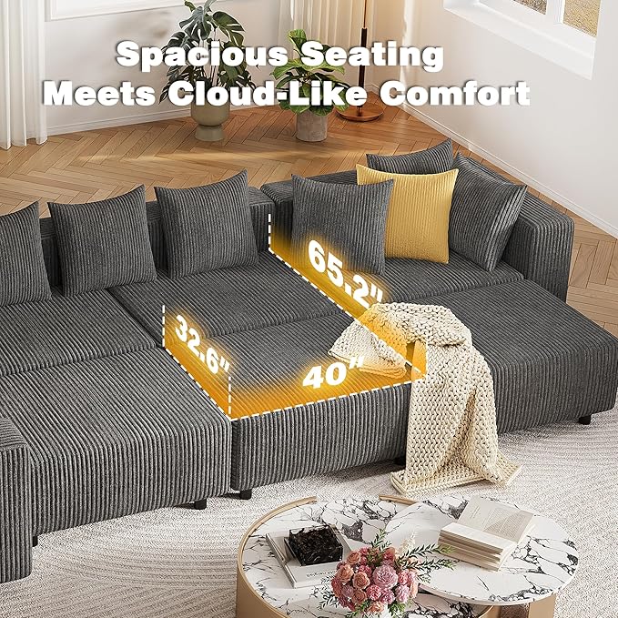 Modern Oversized Modular Sectional Sofa Boneless Cloud Loveseat with Legs Corduroy Big Comfy Deep Seat Sofa for Living Room &amp Apartment（Dark Grey106″Loveseat）