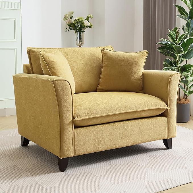 Oversized Accent Chair Chenille Fabric Armchair with Pillow Comfy Single Sofa with 46.3 Wide Seat Cushion Rubberwood Legs Elegant Ruffled Armrests Lounge Chair for Living Room Office (Yellow/45)