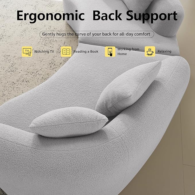 106”Curved Sectional Sofa Cloud Sectional Couch with Deep Seat and 4 Throw Pillows Plush Teddy Fabric Suitable Living Room Bedroom Cloud Couch No Assembly Needed Grey
