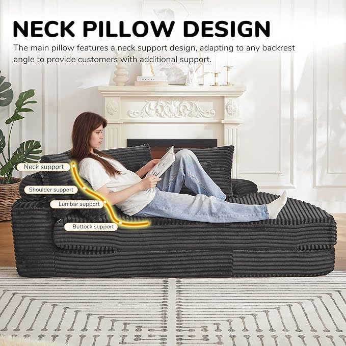 78.5 Oversized Round Chaise LoungeModular Convertible 2-in-1 Sofa Bed Upholstered CorduroyBoneless Plush Couches with PillowNo Assembly RequiredRAFBlack