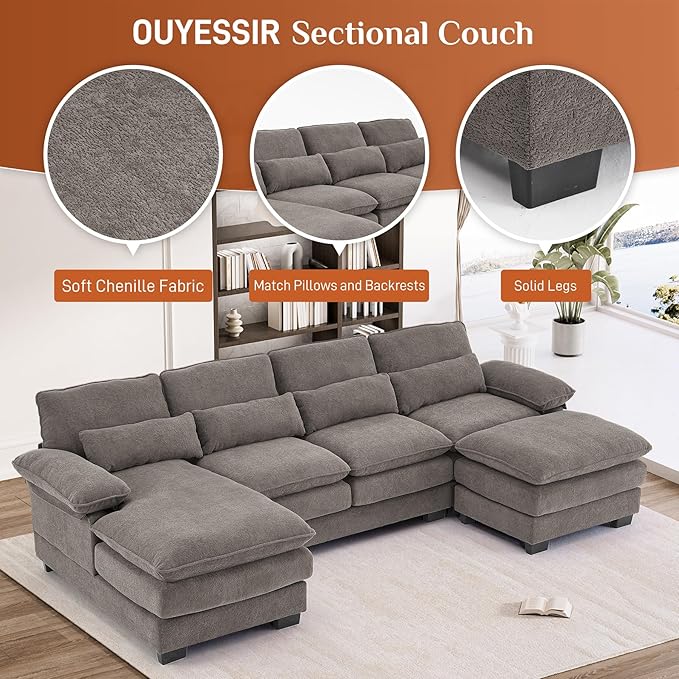 OUYESSIR 113 U Shape Sectional Cloud Couch with OttomanFluffy Sectional Couches for Living Room4 Seater Modular Sectionals SofaComfy Cloud Sofas &amp Couches with 4 PillowsGrey