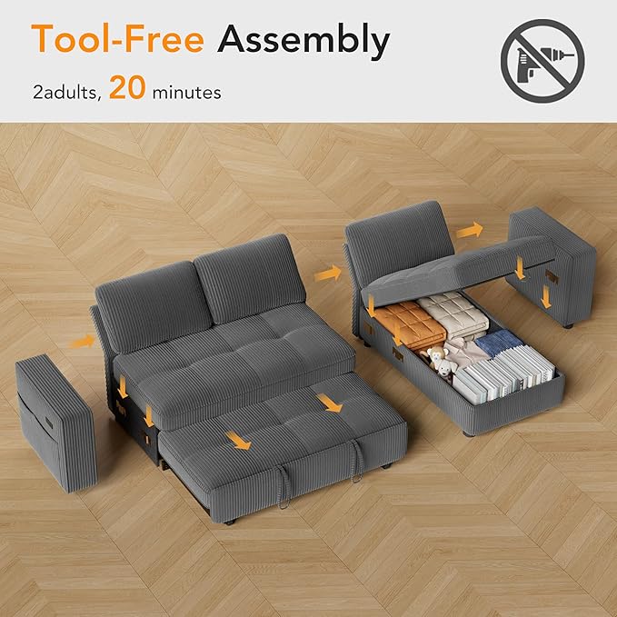 Vipbear Sectional Sleeper Couch with Pull Out Sofa Bed L Shaped Plush Corduroy Couch with Reclining Backrest &amp Storage &amp USB Charging Convertible Cloud Sectional Sofa Bed for Living Room Gr