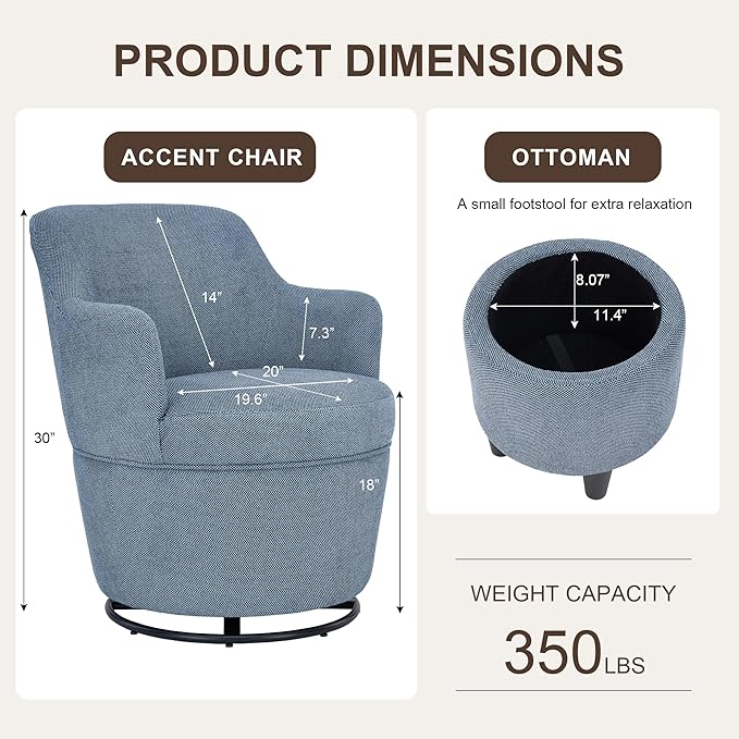 LOULENS Swivel Accent Chair and Ottoman Set Linen Fabric Upholstered Modern Barrel Chair with Ottoman Comfy Single Sofa Armchair with Footrest for Living Room Bedroom Reading Blue