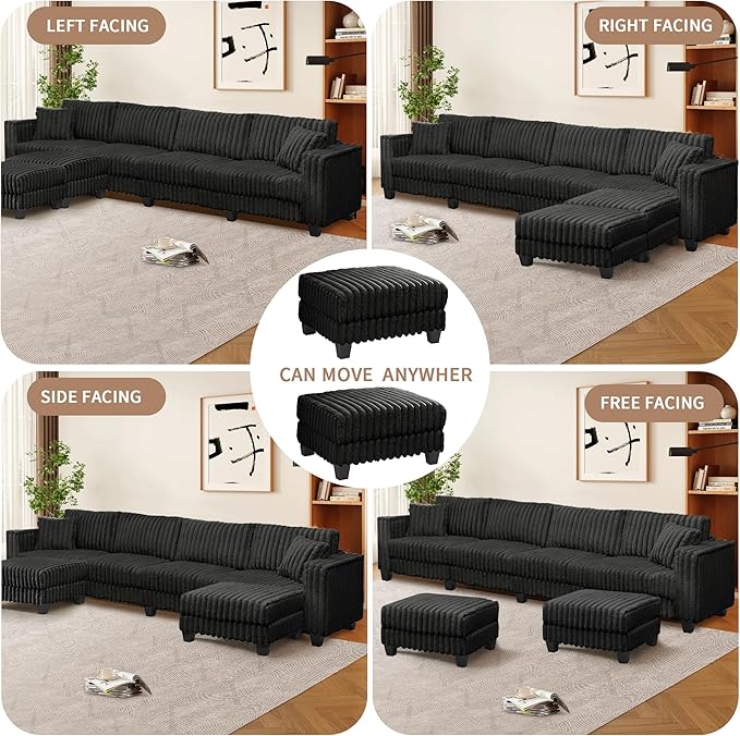 137 Cloud Couch Modular Sectional Sofa U Shaped Sectional Couch with Movable Ottoman Modern Large Convertible Comfy Faux Rabbit Fur 6 Seat Couches for Living Room Bedroom (Black)