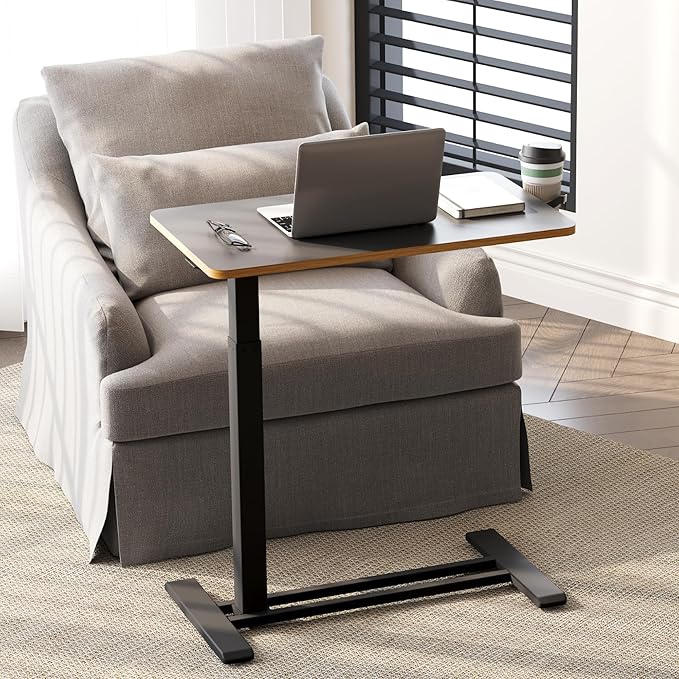 SANODESK Mobile Standing Desk with Hidden WheelsPneumatic Laptop Desk Rolling Computer Cart Movable Height Adjustable Small Sit Stand Desk for Home Office(27.6 W x 15.7 D Black+Maple Band)