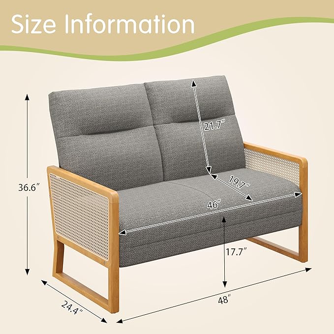 Modern Loveseat Bench Couch with Natural Rattan Arm Upholstered Linen Small Love Seat Sofa 2-Seats Living Room Couch Settee Comfy Lounge Recliner Chair-Taupe