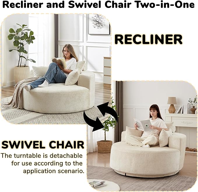 55''L Round Swivel Accent Chair Oversized Chenille Modern Swivel Barrel Chairs Upholstered Cozy Reading Chair for Living Room Bedroom Home Office (Chenille Beige)