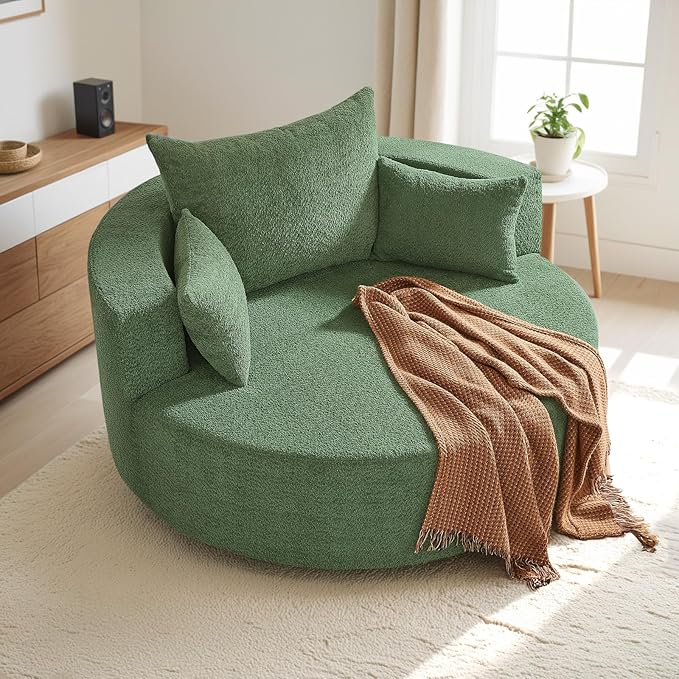 Antetek 360-Degree Swivel Accent Chair Oversized Modern Comfy Chenille Round Swivel Chaise Lounge Sofa Chair with Backrest Cushion &amp 2 Throw Pillows for Living Room Bedroom Office Green
