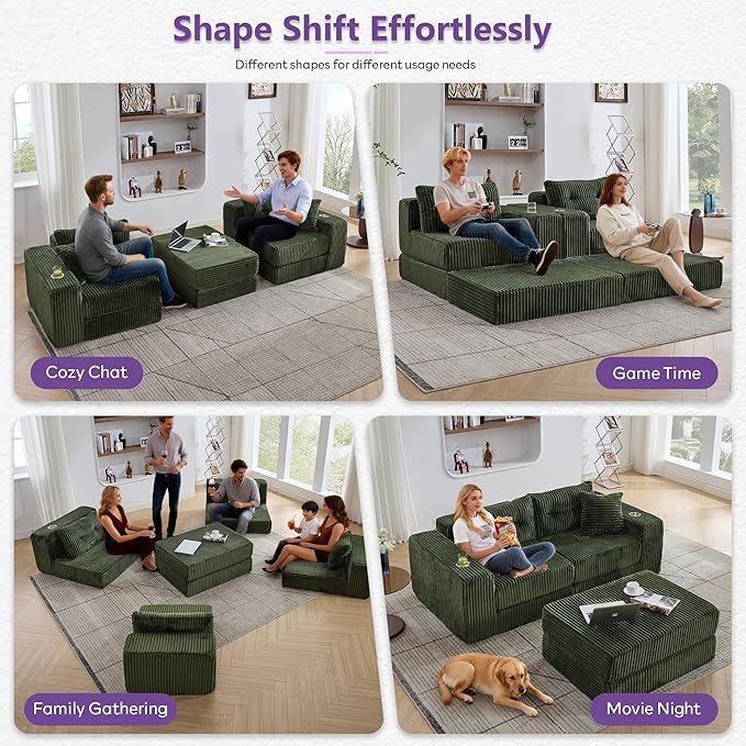 TYBOATLE Modular Cloud Sofa Loveseat with Ottoman Modern Corduroy Boneless Sectional Foam Couch with Deep Seats Convertible Sleeper Sofa Bed for Living Room No Assembly (Forest Green 2 Seat)