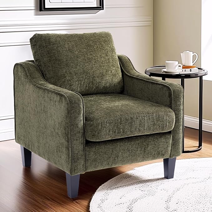 FLEXISPOT AC2 Mid Century Modern Accent Chair Chenille Upholstered Armchair with Padded Back &amp Removable Cover Comfy Reading Chair for Bedroom Living Room Chairs for Adults Small Spaces (Green