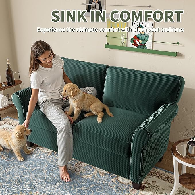 57 Loveseat Sofa Mid Century Modern Corduroy Couch with Thick Cushion 2 Seater Small Sofa for Living Room Bedroom Apartment Office Dark Green