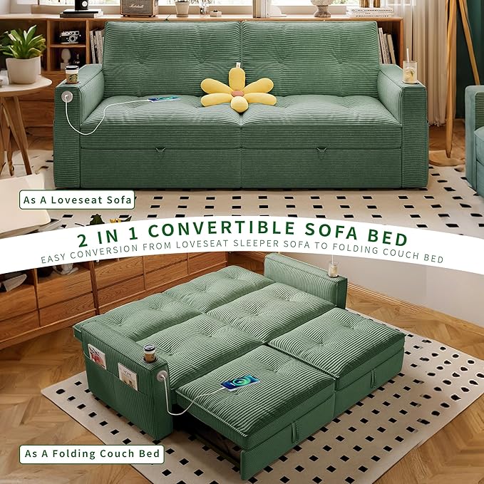 73.2 Pull Out Sofa Bed Corduroy Convertible Sleeper Couch Loveseat Chaise Lounge with Side Pockets &amp Cup Holder Pullout Futon Sofa Bed for Living Room Bedroom Small Spaces RV (Green)