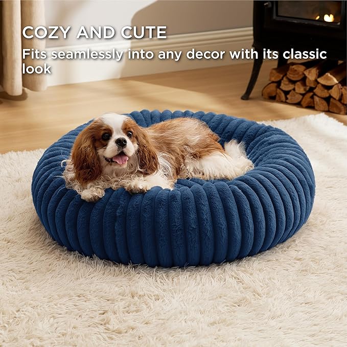 Bedsure ComfyFleece™ Donut Medium Dog Bed - Washable Faux Fur with Corduroy Fleece &amp Anti Slip Bottom Round Pet Beds with Removable Cover Night Blue 30x30x8 inches