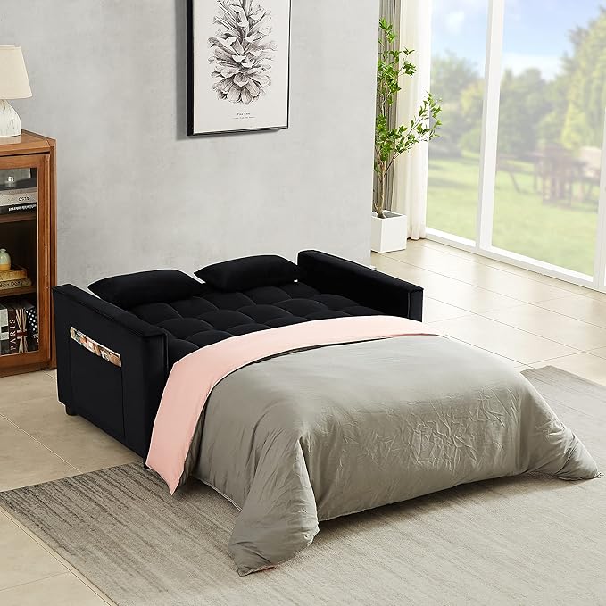 Antetek Convertible Sleeper Sofa Bed 3 in 1 Velvet Loveseat Futon Sofa Couch with Pullout Bed Black 54