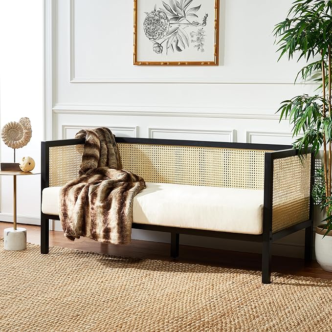 SAFAVIEH Home Collection Dune Coastal Black Rattan 3-Seater Sofa with White Cushion