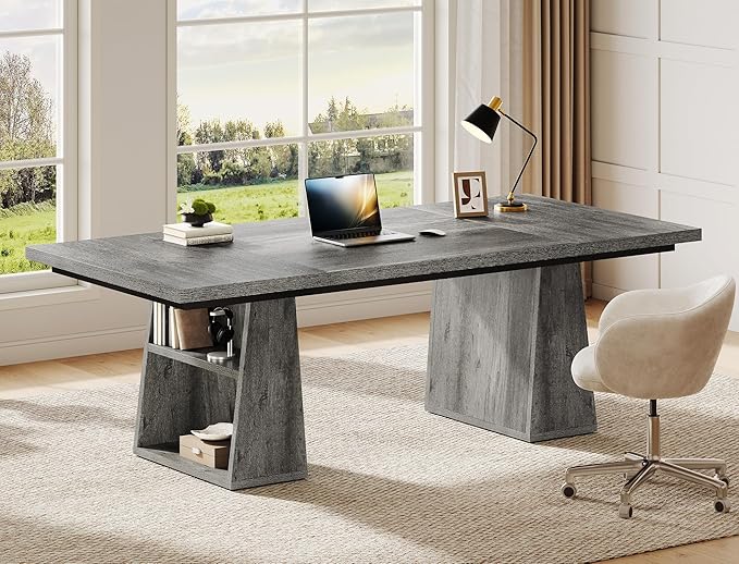 YITAHOME 63 Executive Desk Large Office Desk Computer Desk with Double Pedestal and Storage Shelves Wood Simple Workstations Writing Table Conference Table Business Furniture for Home Office Grey
