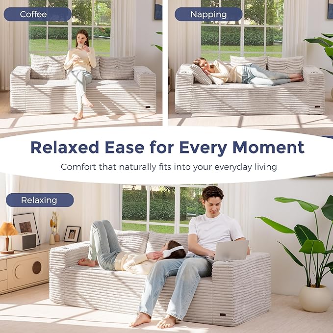 MAXYOYO 79 Oversized Boneless Loveseat Sofa Couch for Small Spaces Mini Love Seat Floor Couch with Cup Holders and Pillows 3-Seater Upholstered Cloud Couch for Bedroom No Assembly Required