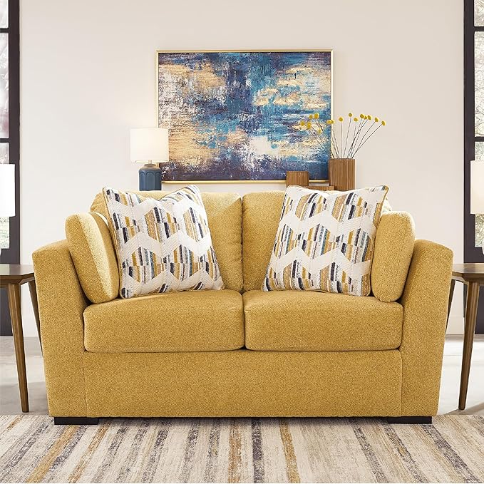 Signature Design by Ashley Keerwick Scandinavian Loveseat with 4 Toss Pillows Yellow