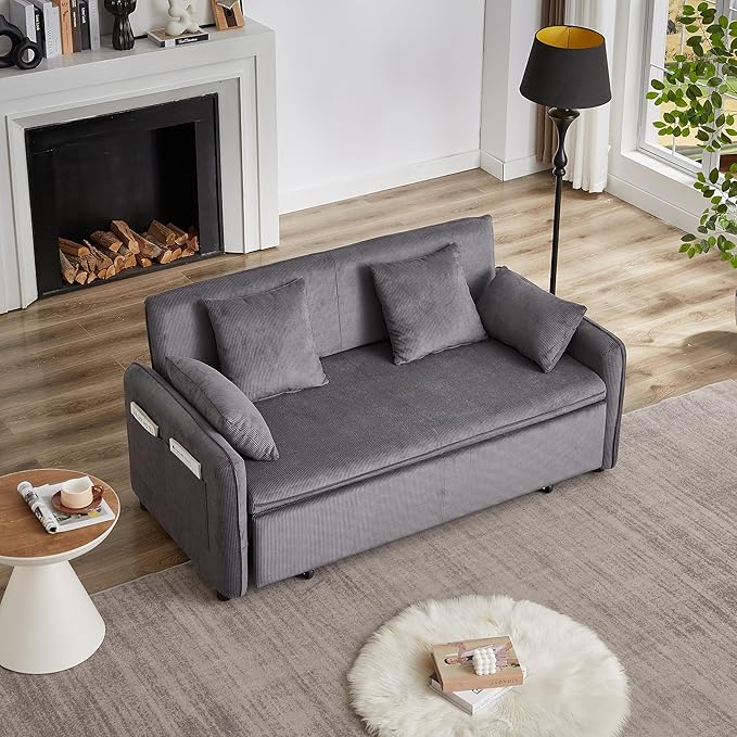 Ball &amp Cast 66 Convertible Sofa Bed3-in-1 Corduroy Loveseat Sleeper Pull Out Couch Bed with Pillows and Side Pockets Deep Seat Comfy Sofa Couches for Living RoomApartmentGrey