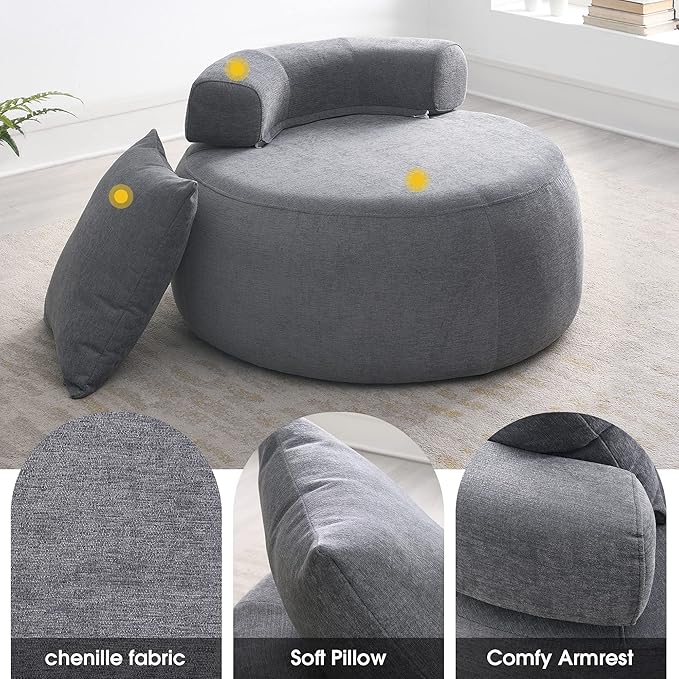 Generic 32 Solid Wood Lounge Chair with Pillow Easy to Move Modern Chenille Reading Chair High Stretch Round Sofa for Bedroom Living Room Lounge Hotel 3 Colors Light Gray
