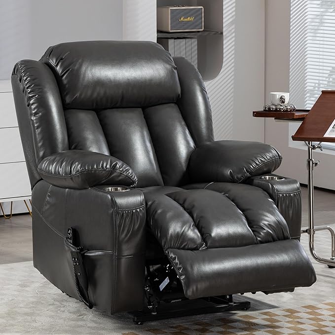 Lay Flat Lift Recliner Chair with Massage &amp Heat for Elderly People Electric Power Lift Chair w/Dual Motor 2 Stainless Steel Cup Holders and 2 Remote Controls Breathable Faux Leather Grey
