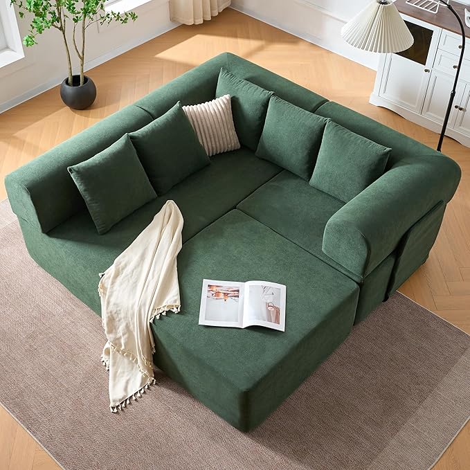 Boneless L-Shaped Modular Couch - 106 Inch Cloud Velvet Sectional SofaDeep Seating Comfort No Assembly Required Ideal for Apartments &amp Living RoomsGreen