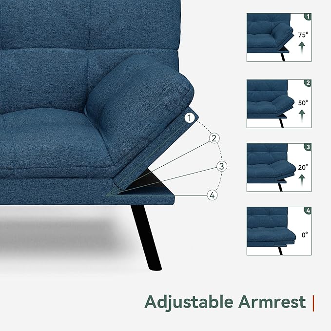 Opoiar Convertible Futon Sofa Bed71 Memory Foam Futon CouchDetachable CushionAdjustable Backrest &amp ArmrestLinen Modern Loveseat Sleeper Recliner for Living RoomOfficeApartmentRetro Blue