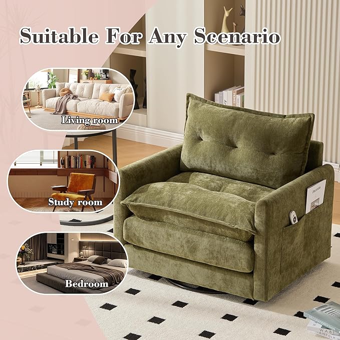 Oversized Swivel Chair 36 Chenille Swivel Armchair Accent Chair for Living Room Mid Century Modern Comfy Thick Padded Arm Chairs Green
