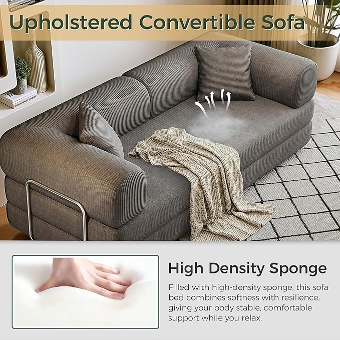 78.5'' Convertible Folding Sofa Bed – 4-in-1 Modular Floor Couch Corduroy Small Cloud Couch Compressed Foldable Sleeper Sofa King Size Futon for Bedroom Guest Room (Grey (Dark))