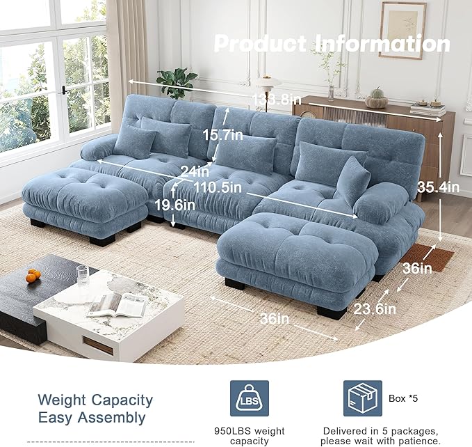 Cloud Couch 133.8“ Sectional Couches for Living Room Oversize Deep Seat U Shaped Couch Chenille Fluffy 3 Seats Sofa with 2 Ottomans Blue