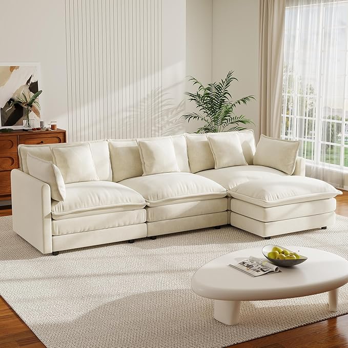 Cloud Sectional Couch 111.5 L Shaped Deep Seat Chenille Sectional Sofa for Living RoomComfortable Double Layer Sofa CushionWhite