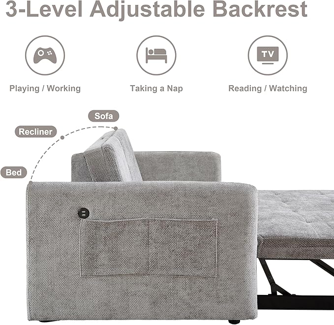 57.48 Convertible Sofa Bed with Cup Holder Pull Out Sleeper Sofa Bed with USB Charging Ports 3 in 1 Convertible Sleeper Sofa Bed for Living Room Apartment Bedroom RV Grey