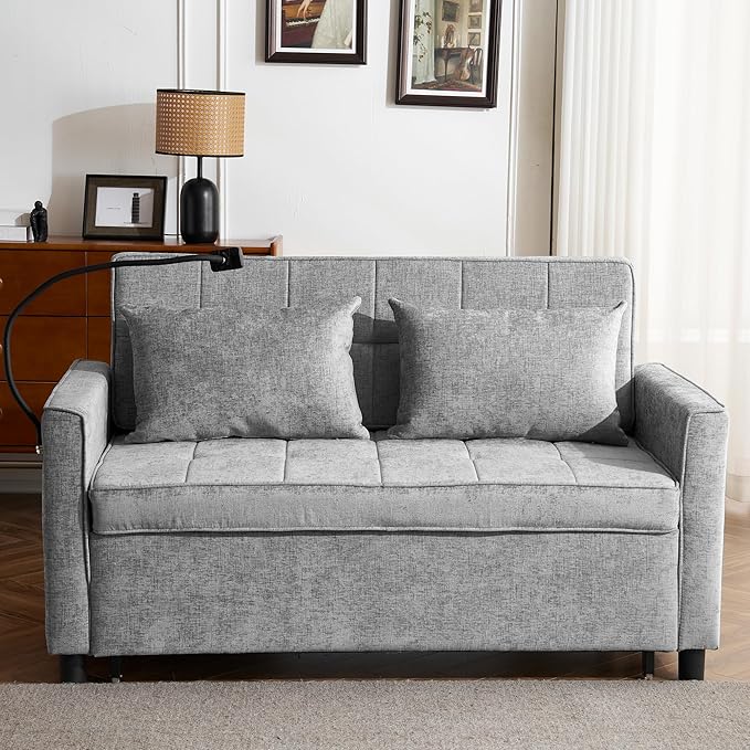 3 in 1 Convertible Sleeper Sofa Bed with Pull-out Bed 61 Chenille Chaise Lounge with 3-level Adjustable Backrest Tufted Loveseat with Phone Holder &amp 2 Soft Pillows for Living Room Apartment Gr