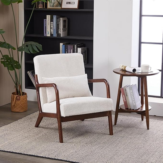 GDFStudio Aogex Upholstered Armchair Corduroy Club Chair Accent Chair Solid Wood Single Sofa Lounge with Armrest Comfort Seating with Lumbar Support for Reading Living Room Home Beige+Walnut