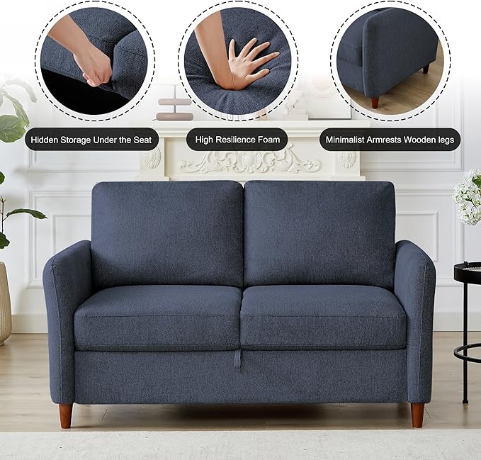 Loveseat Sofa Couch with Storage Small Couches for Small Spaces Comfy Love Seats for Living Room 2 Seater Sofa for Bedroom (Dark Blue 2-Seat)