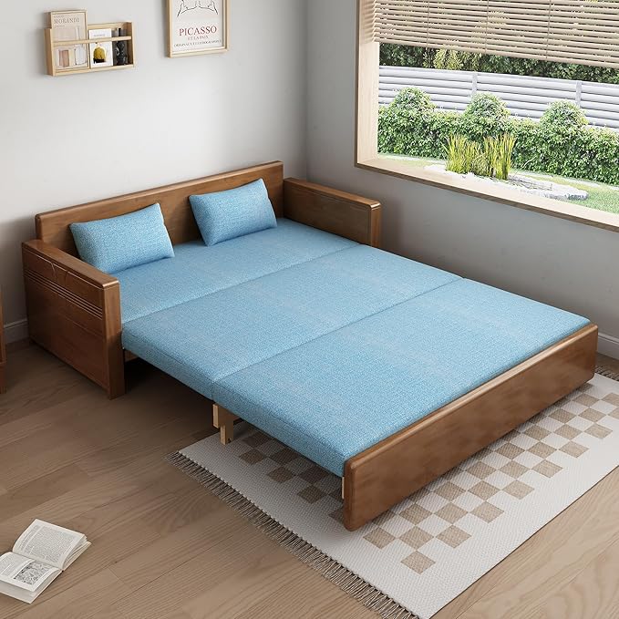 59 Double Convertible Sofa SleeperBlue Cushion Sectional Sleeper Sofa with Reversible ChaiseSolidwood Sofa Bed 3 in 1 Pull Out Couch Bed for Living RoomApartmentBedroomOffice