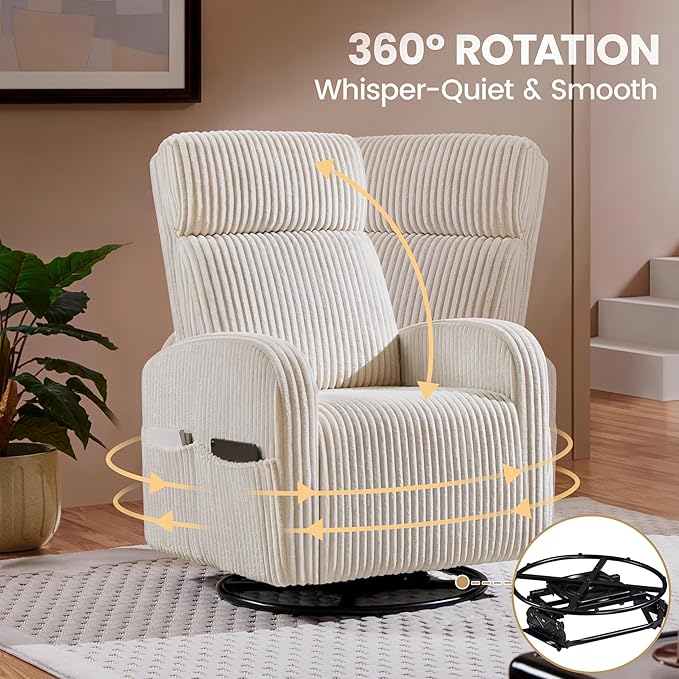 Yaheetech 360° Swivel Glider Chair for Nursery Rocking Chair Nursing Chair with Side Pockets Corduroy Glider for Living Room with High Back Beige