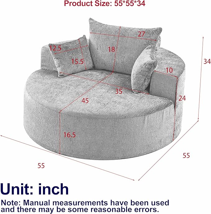 Oversized Round Chaise Lounge Chair Indoor 55'' Chenille Deep Seat Circle Single Floor Sofa Chairs Modern Upholstered Sponge Armchair Cloud Sleeper Chair for Living Room Bedroom Apartment Black