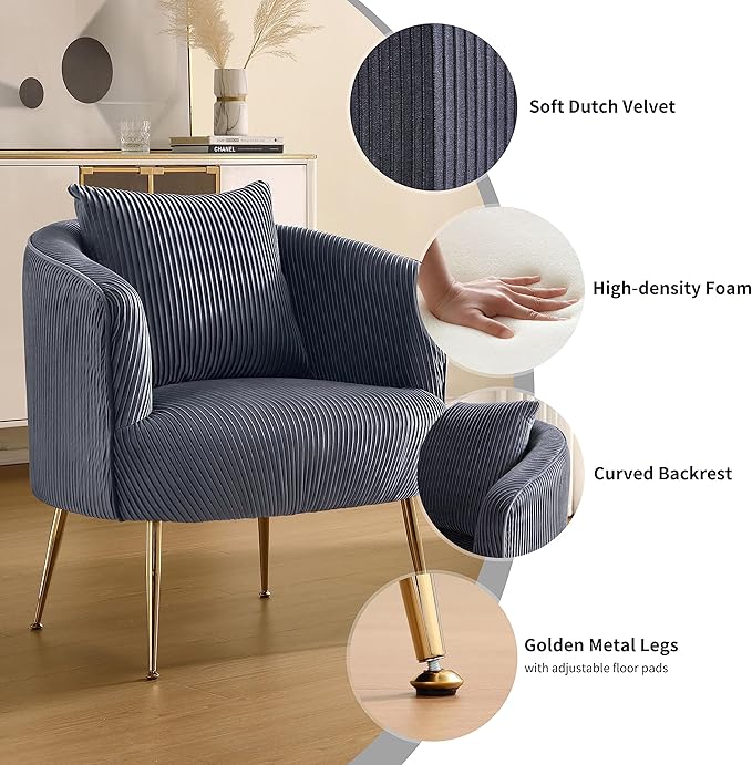 Art Leon Velvet Accent Chair Upholstered Modern Single Sofa Chair Comfy Barrel Chair with Golden Metal Legs for Living Room Bedroom Gray