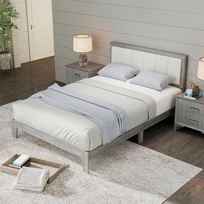HOMCOM Full Size Bed Frame with Upholstered Headboard Platform Bed Frame with Wooden Slats No Box Spring Needed Easy Assembly Gray