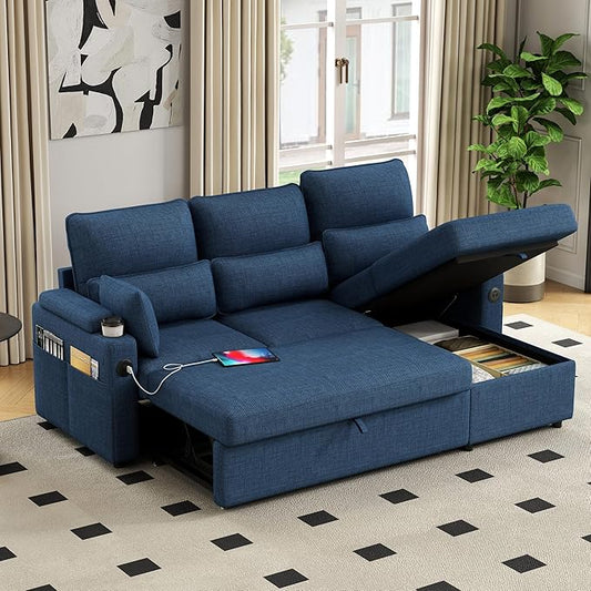 81 L-Shaped Sectional Sofa Couch Pull-Out Sleeper Sofa Bed with Storage Chaise Double Cup Holders Dual USB Charging Ports Couches for Living Room Apartment