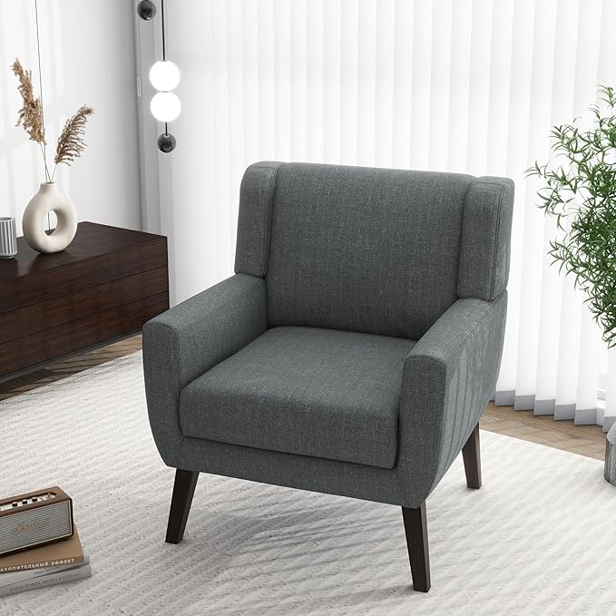 Accent Chair Comfy Mid Century Modern Small Armchairs with Solid Wood Frame and Soft Cushion for Living Room Bedroom (GreySet of 1)